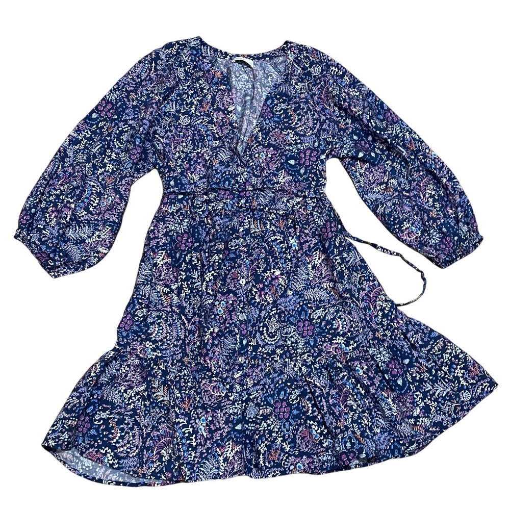 Sonoma‎ Blue Floral Paisley Tiered Knee Length Dress Long Sleeve Boho Women's Lg